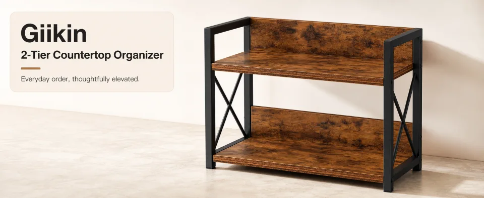 A+ 桌面模块 01：左侧 Giikin 品牌开场文案 2-Tier Countertop Organizer，右侧棕色木纹搁板与黑色金属框的双层置物架